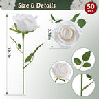 White Roses Artificial Flowers 50 Pack in Bulk, Fake Roses Flowers Realistic Roses for Wedding Home Party Decoration Event Gift (White)