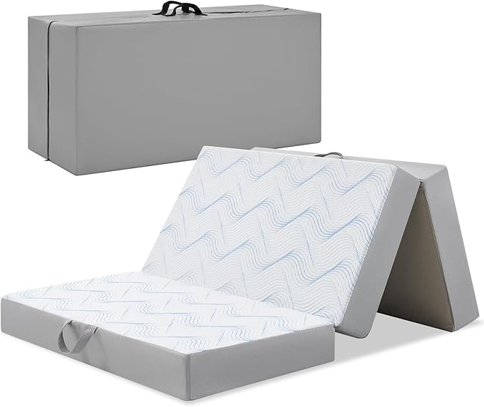 Foldable Mattress Single 4 inch -Portable White Memory Foam Folding Matress with Washable Cover for Camping Travel Guest Room Home Use-Non-Slip&Easy Storage