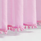 Treatmentex Pom-Pom Sheer Curtains for Girl's Room Linen Textured Pink Sheer Window Drapes for Bedroom 52" w x 63" L, 2Panels, Red, Rod Pocket