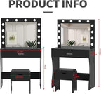 Vanity Table Set with Lighted Mirror - Makeup Vanity with Charging Station, Large Drawer Sturdy Wood Vanity with Lights, 3 Color Modes, Adjustable Brightness，Black