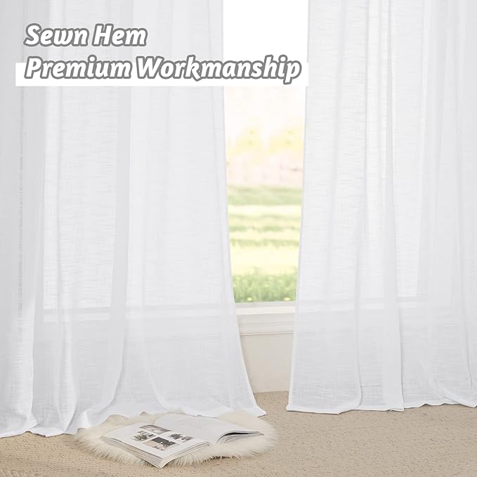 RYB HOME White Sheer Curtains, Extra 66 inches Widith Rod Pocket Light Filtering Breathable Semi Sheer Curtains for Living Room, W 66 x L 95 inches, 2 Panels Set