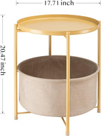 danpinera Round Side Table with Fabric Storage Basket, Metal Side Table Small Bedside Nightstand with Removable Tray Top for Living Room, Bedroom, Nursery, Laundry, Pale Yellow