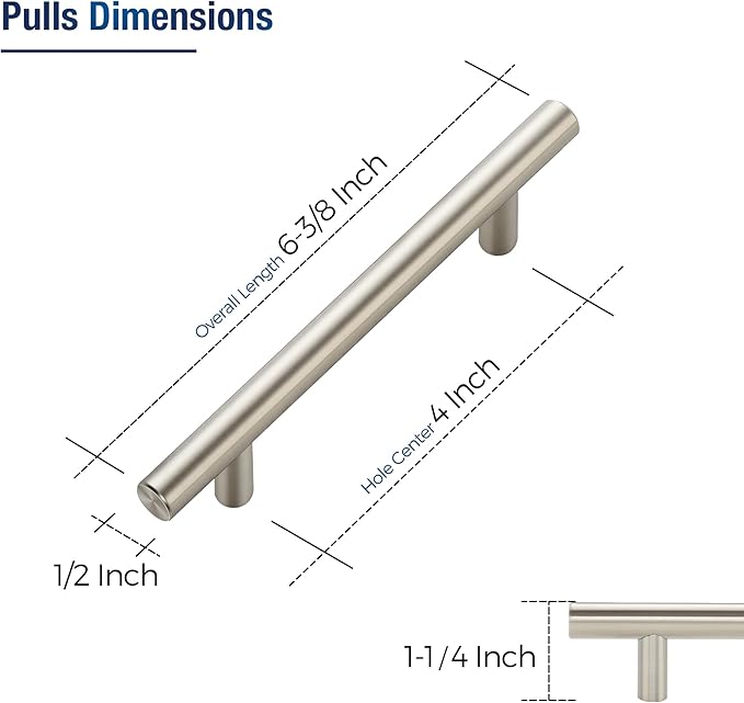 JOY DECOR 60 Pack Cabinet Handles, Brushed Nickel Cabinet Pulls, 4 in Hole Center Kitchen Cabinet Handles, Stainless Steel T Bar Handles for Dresser Drawers