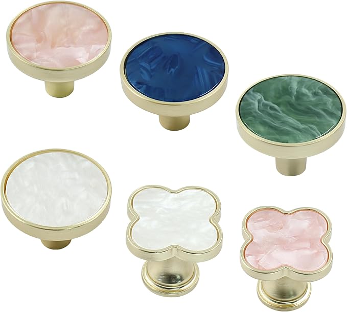 6 Pcs Four-Leaf Drawer Pulls Knobs, Gold Dresser Cabinet Knobs Pulls for Kitchen Cabinet Cupboard Door Furniture Decorative, Pink