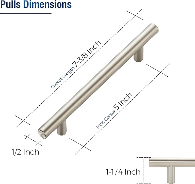 JOY DECOR 15 Pack Cabinet Handles, Brushed Nickel Cabinet Pulls, 5 in Hole Center Kitchen Cabinet Handles, Stainless Steel T Bar Handles for Dresser Drawers