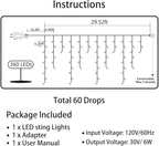Toodour Christmas Icicle Lights Outdoor, 360 LED 29.5ft 8 Modes Fairy Icicle String Light with 60 Drops, Led Christmas Lights Twinkle for Holiday, Party, Wedding, Eaves, Xmas Decorations (White)