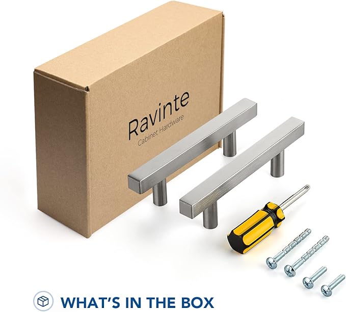 Ravinte 10 Pack Cabinet Handles 3 Inch Brushed Nickel Cabinet Pulls Square Hardware for Kitchen Cabinets - 5 Inch Total Length