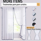 Treatmentex Pom-Pom Sheer White Curtains Extra Long 108-inch for Living Room, Slub Linen Textured White Sheer Window Drapes for Bedroom 2 Pack 52" w