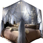 Joyreap 4 Corners Post Canopy Bed Curtain for Girls & Adults - Royal Luxurious Cozy Drape Netting - Cute Princess Bedroom Decoration Accessories (Gray-Blue, King)