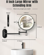 30X/1X Wall Mounted Lighted Makeup Mirror, 8'' Double Sided Rechargeable Magnifying Bathroom Mirror with Light, 3 Color Lights Touch Dimmable Extended Arm 360 Rotation Light up Mirrors