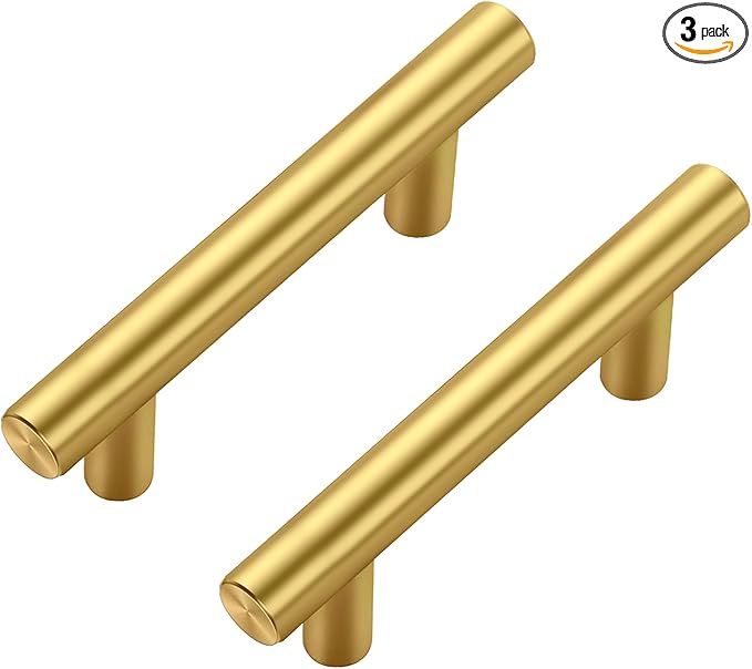 JOY DECOR 3 Pack Cabinet Handles, Gold Cabinet Pulls, 2-1/2 in Hole Center Kitchen Cabinet Handles, Stainless Steel T Bar Handles for Dresser Drawers