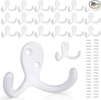 20 Pack Coat Hooks Wall Hooks for Hanging, Heavy Duty Double Prong Metal Hook Wall Mounted for Living Room, Bathroom, Kitchen, Bedroom for Coat, Bag, Scarf, Towel, Hat, Key, Cup (White)