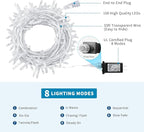 Christmas String Lights, 33FT 100 LEDs Chritsmas Tree Lights Indoor String Lights 8 Modes with End-to-End Plug Fairy Lights Decoration for Indoor Outdoor, Multicolor (Clear Wire)
