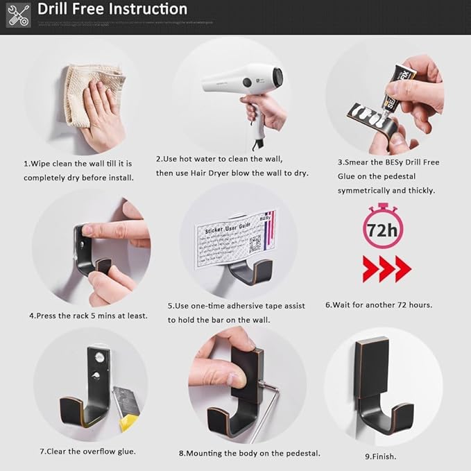 BESy Brass Clothes Hook Single Towel Hook for Bathroom Kitchen Garage Square Style Robe Hooks Coat and Hat Hook, Self Adhesive with Glue or Wall Mounted with Screws, Matte Black