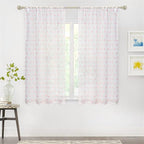 MYSKY HOME Short Curtains for Kitchen Windows Pink Pom Pom Curtains for Bedroom Light Filtering White Sheer Curtains for Nursery Cafe Bathroom Privacy Rod Pocket Bohemian Voile 38 x 45 inch 2 Panels