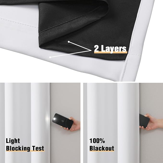 ChrisDowa White 100% Blackout Curtains for Bedroom with Black Liner, 2 Thick Layers Total Blackout Thermal Insulated Grommet Window Curtains 2 Panels Set (Pure White, 42 x 84 Inch)