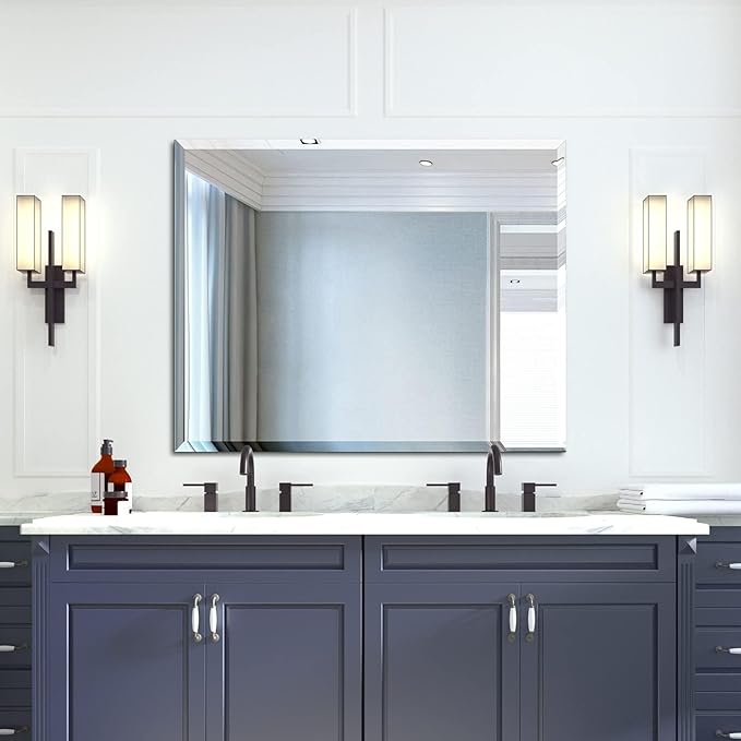 Mirrorons Beveled Mirror, Bathroom Mirrors for Wall 40" x 32", Frameless Rectangle Bathroom Mirror with Beveled Edge, Hangs Horizontally or Vertically, Upgraded Packing