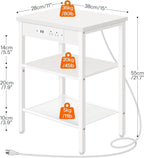 HOOBRO Side Tables Set of 2 with Charging Station and USB Ports, Small End Tables for Small Space, 3-Tier Nightstands with Adjustable Shelf, for Living Room, Bedroom and Balcony, White WW112BZP201