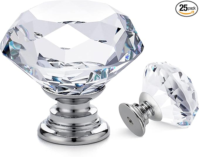 Ravinte 25 Pack Crystal Drawer Knobs - Glass Cabinet Knobs, Diamond Shaped, 30 mm, Silver Base