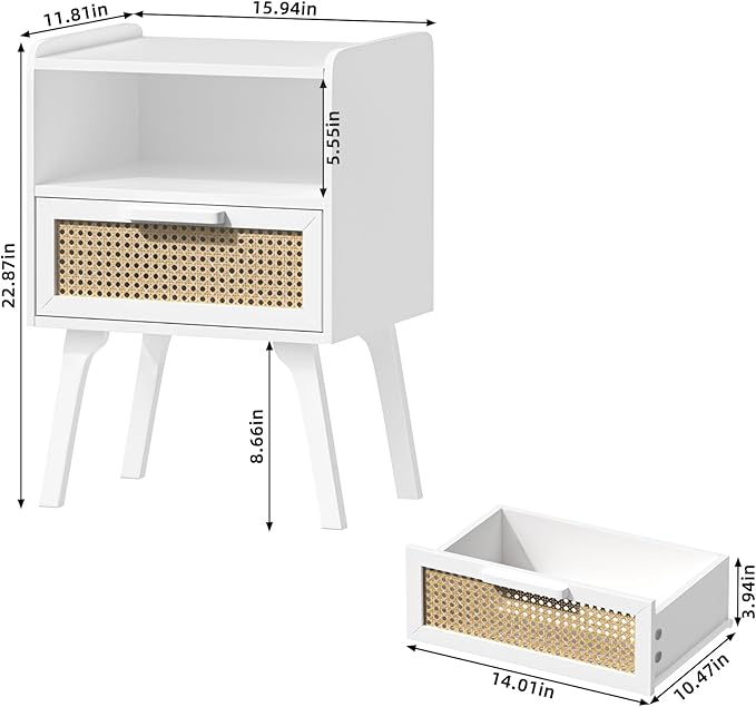 Lerliuo Rattan Nightstands Set of 2, Bedside Table with Drawer Open Shelf, Cane Accent Side End Table with Solid Wood Legs, White Mid Century Night Stand for Bedroom, Dorm and Small Spaces