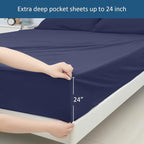 California King Sheet Sets for Air Mattress - Extra Deep Pocket Cal King Sheet Set - 3Pcs Side Storage Pocket Fitted Sheet & Pillowcases Easily Fits 16in to 24in Pillow Top Bed Mattress - Navy Blue