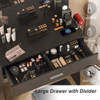 Vanity Table Set with Lighted Mirror - Makeup Vanity with Charging Station, Large Drawer Sturdy Wood Vanity with Lights, 3 Color Modes, Adjustable Brightness，Black