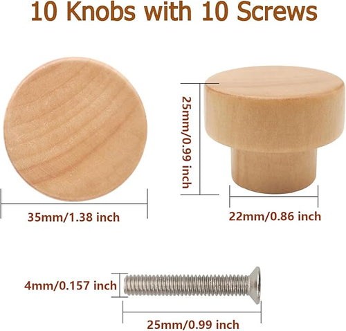 10PCS Wood Knobs Flat Top Round Cabinet Knobs Natural Wooden Dresser Drawer Pulls (Diameter: 35mm/1.38 inch, Height: 25mm/0.99 inch)