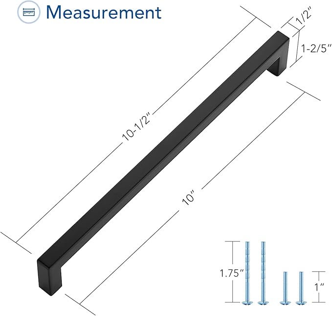 Ravinte 1 Pack Black Cabinet Pulls 10 Inch Square Cabinet Handles Matte Black Kitchen Hardware for Cabinet Drawer Pulls Come with Screwdriver