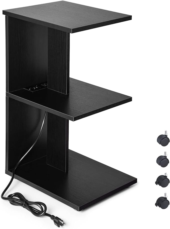 ZGREN End Table with Charging Station, Narrow Side Tables for Small Spaces USB Ports and Outlets Rolling Bedside Nightstand Sofa Couch Slim Shelf Night Stand Living Room, Bedroom, Black