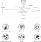 YUHAO 52 Inch Black Ceiling Fan with Light and Remote Control.Noiseless,Dimmable,3CCT,6 Speeds Reversible, DC Ceiling Fans for Indoor or Covered Outdoor