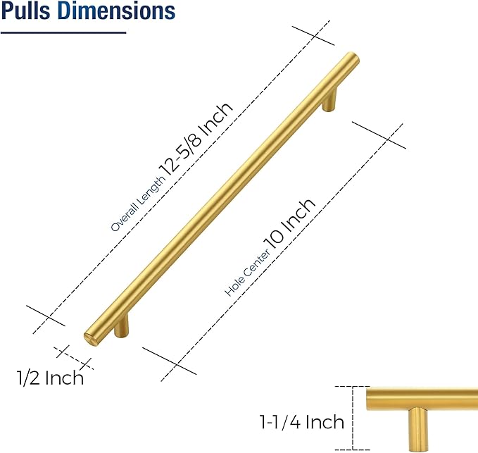 JOY DECOR 15 Pack Cabinet Handles, Gold Cabinet Pulls, 10 in Hole Center Kitchen Cabinet Handles, Stainless Steel T Bar Handles for Dresser Drawers