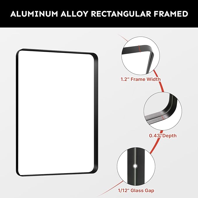 Kosmonia 60x28 Bathroom Vanity Mirror for Wall, Aluminum Framed, Farmhouse Rectangle, Anti-Rust, HD Reflection Anti-Desilvering, Distortion Free, Tempered and Shatter-Proof Wall Mounted Mirror, Black