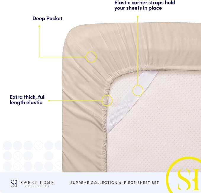 Twin XL Sheets - Breathable Luxury Sheets with Full Elastic & Secure Corner Straps Built In - 1800 Supreme Collection Extra Soft Deep Pocket Bedding Set, Sheet Set, Twin XL, Beige