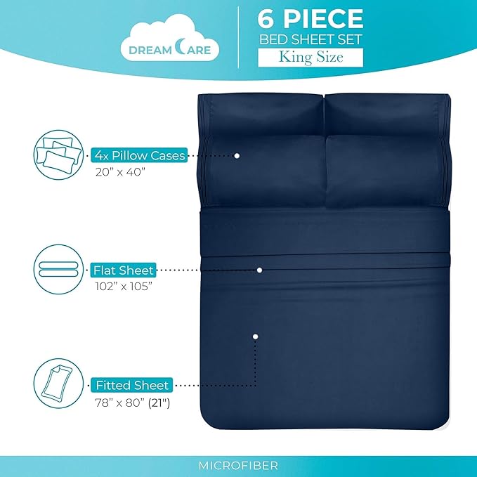 DREAMCARE Sheets Full Size Bed - Cooling Bed Sheets - 6pcs Set - Full Sheet Set - Full Size Sheets - Full Size Sheet Sets Soft & Long Lasting 100% Fine Brushed Polyester with Side Pocket - Navy Blue