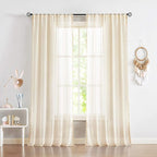 Treatmentex Sheer Linen-Look Curtains 95in Bedroom Decorative Pompom Trimmed Voile for Living Room Slub Textured Natural Window Curtain Panels 2pcs