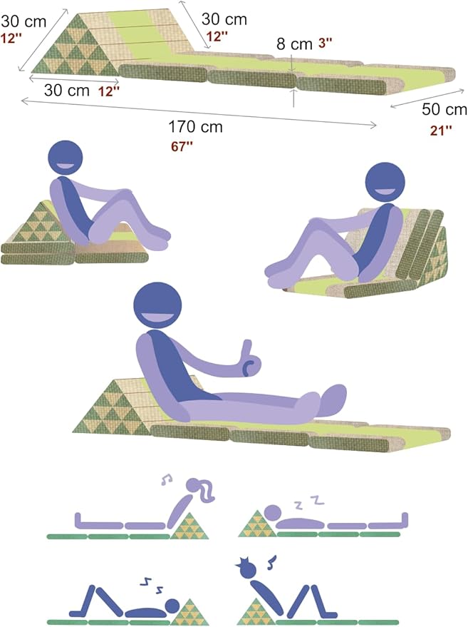Leewadee - Comfortable Japanese Floor Mattress Used As Thai Floor Bed with Triangle Cushion, Futon Mattress Or Thai Massage Mat, 67 x 21 inches, Blue Red
