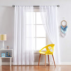 Treatmentex Snow White Sheer Curtains 95" Bedroom Decorative Pompom Trimmed Voile Window Curtain for Living Room Linen Look 2 Panels