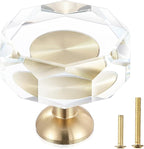2-Pack 1-1/4-Inch White Cabinet Glass Crystal Patterned knob Brass Drawer Dresser Pulls, Gold Hardware Kitchen Closet knobs for Bifold Doors