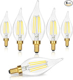 E12 LED Candelabra Bulbs 40W Equivalent, 6-Pack 4W 460LM Dimmable Candle Light, 5000K Daylight White Chandelier Bulbs, Flame Tip CA10 for Ceiling Fan, Home Decor