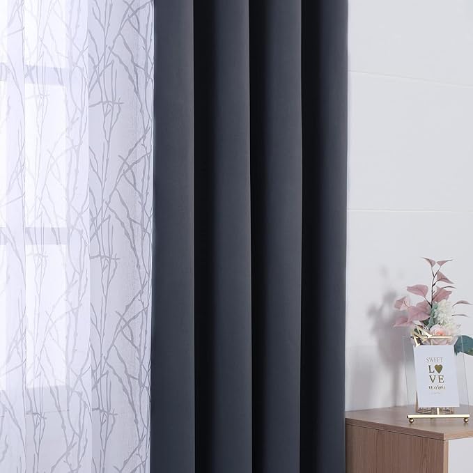 BONZER Mix and Match Curtains - 2 Pieces Branch Print Sheer Curtains and 2 Pieces Blackout Curtains for Bedroom Living Room Grommet Window Drapes, 54x63 Inch/Panel, Grey Dark, Set of 4 Panels