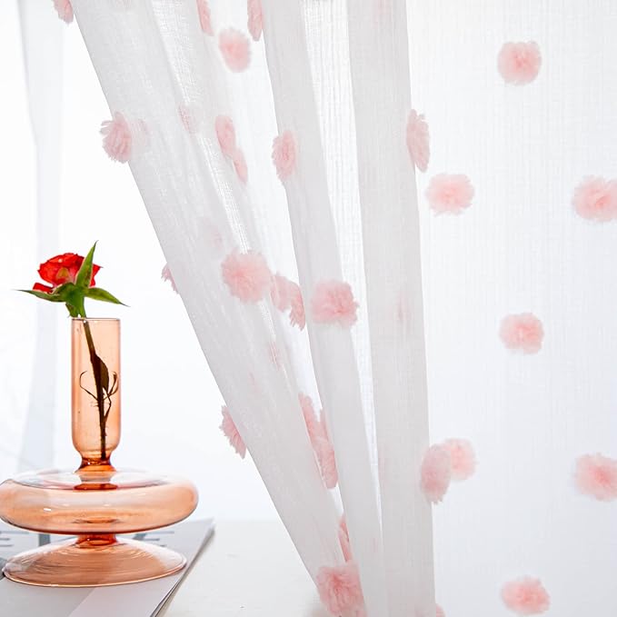 MYSKY HOME 108 Inch Pink Pom Pom Curtains, 2 Sets, 52 x 108 Inch, Rod Pocket, Modern, Sheer, Adult, Unisex, Bedroom, Living Room, Dining Room