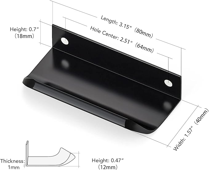 Ravinte Hardware 12 Pack Black Cabinet Handles, 3.15 Inch (80mm) Finger Edge Pulls, 2-1/2 Inch Hole Center, Finger Pulls for Cabinets