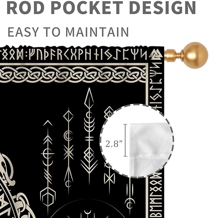 Viking Curtains, Nordic Tree of Life Celtic Rune Scandinavian Gothic Norse Mythology Aesthetic Retro Drapery for Bedroom Living Room Bathroom Window 2 Panel Set, 63"x72" Inch