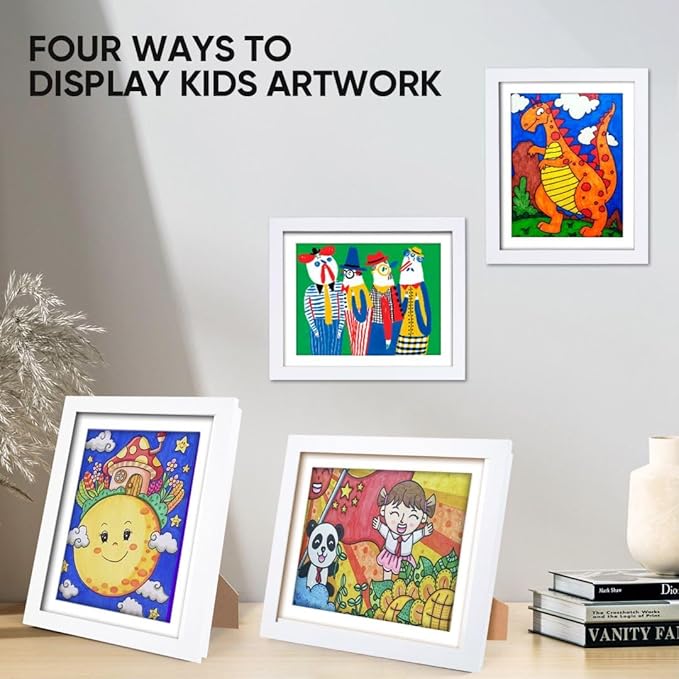Kids Art Frames - Changeable Front Opening Holds 150, 10x12.5 Picture Frame for Displaying Kids' Artwork, Drawing, With Storage (White)