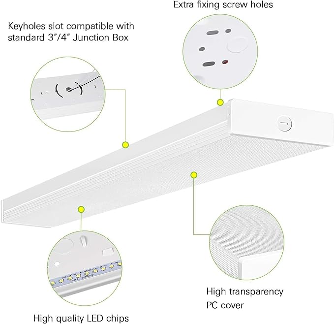 hykolity 4 Pack 4FT LED Wraparound Light 40W 4 Foot LED Shop Lights for Garage, [2-lamp 32W Fluorescent Equiv.] 4400lm 4000K Wrap Light, Flushmount Office Ceiling Light Fixture ETL Listed