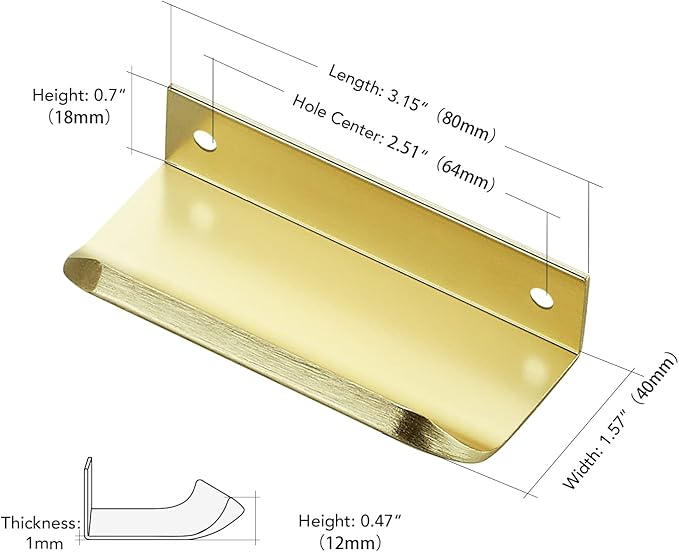 Ravinte Hardware 10 Pack Gold Cabinet Handles, 3.15 Inch (80mm) Finger Edge Pulls, 2-1/2 Inch Hole Center, Finger Pulls for Cabinets