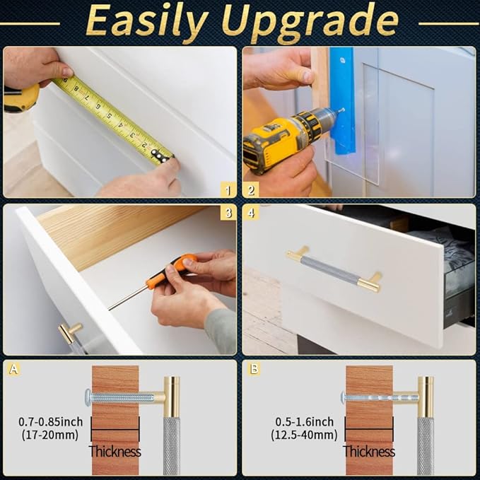 Knurled Cabinet Pulls 6 Pack, 4 Inch Long Cabinet Handles Metal Door Pulls, Kitchen Drawer Pull Knurled Dresser Handles - 3" Hole to Hole, Grey & Gold