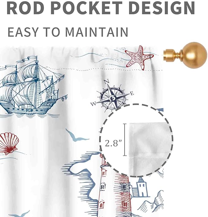 Nautical Curtains, Vintage Marine Coastal Sailboat Compass Anchor Ocean Beach Lighthouse Watercolor Blue Decorative Drapes for Bedroom Living Room Kitchen Bathroom Window 2 Panels, 84"x84" Inch