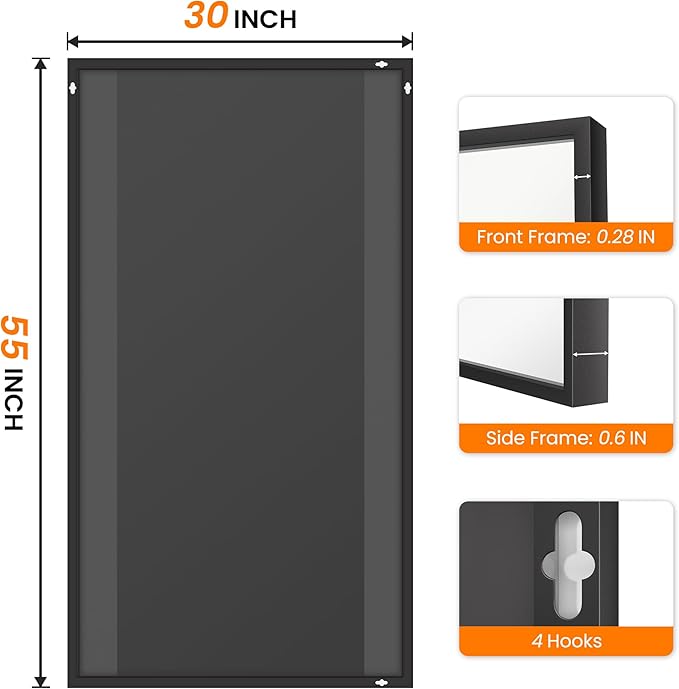 Bathroom Vanity Mirror for Wall, 55" x 30" Metal Framed Rectangular Bathroom Wall Mirror for Over Sink, HD Shatterproof Glass, Hangs Horizontally or Vertically(Black)