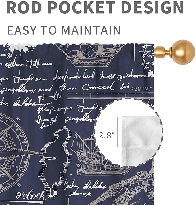 Vintage Nautical Curtains, Marine Coastal Sailboat Compass Anchor Ocean Beach Old Pirate Map Navy Blue Blackout Retro Drapes for Bedroom Living Room Kitchen Bathroom Window 2 Panels, 42"x63" Inch